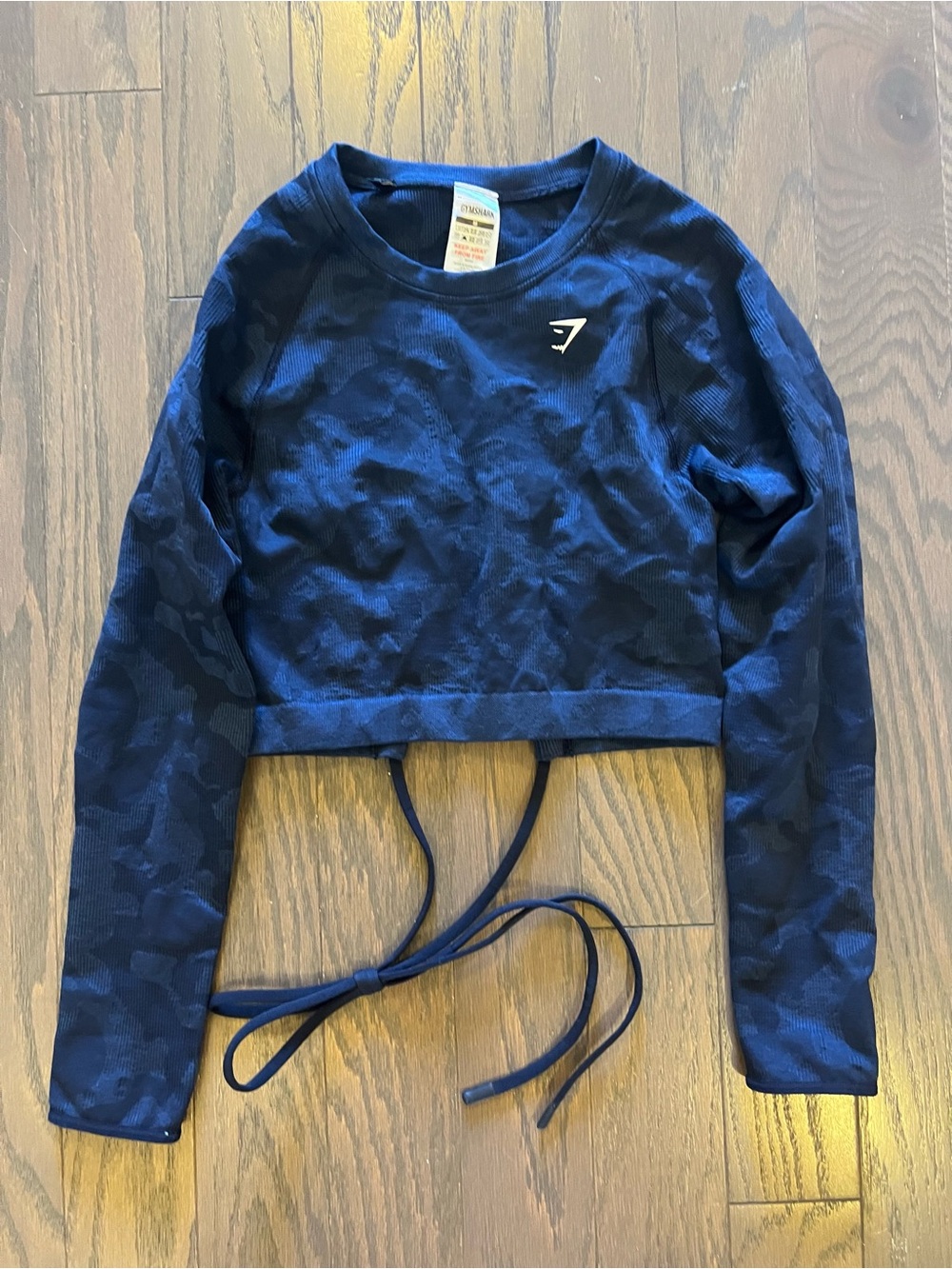 Gymshark Adapt Camo Seamless Tie Back Long Sleeve Crop Top Navy Blue Medium M